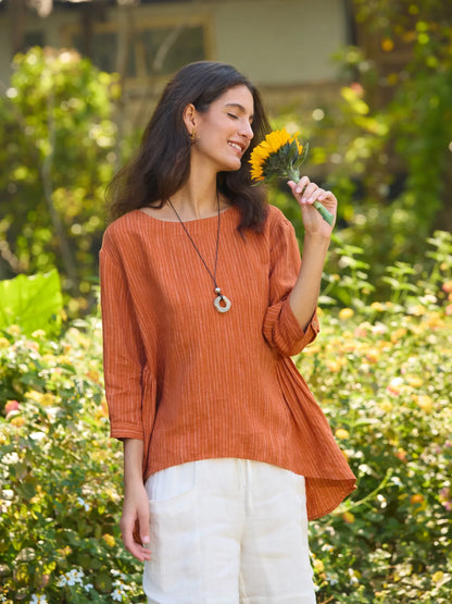 Haut en 100 % lin à col rond à rayures artistiques FLORENCE