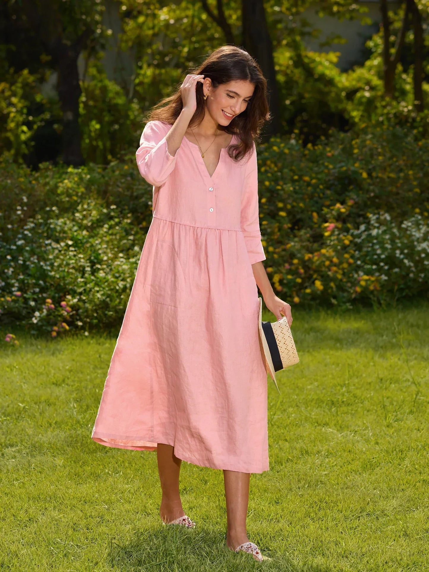 Robe longue ample 100% lin à taille boutonnée et froncée LUNA