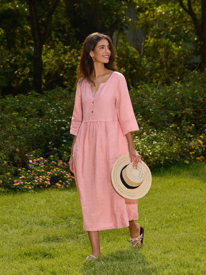 Robe longue ample 100% lin à taille boutonnée et froncée LUNA