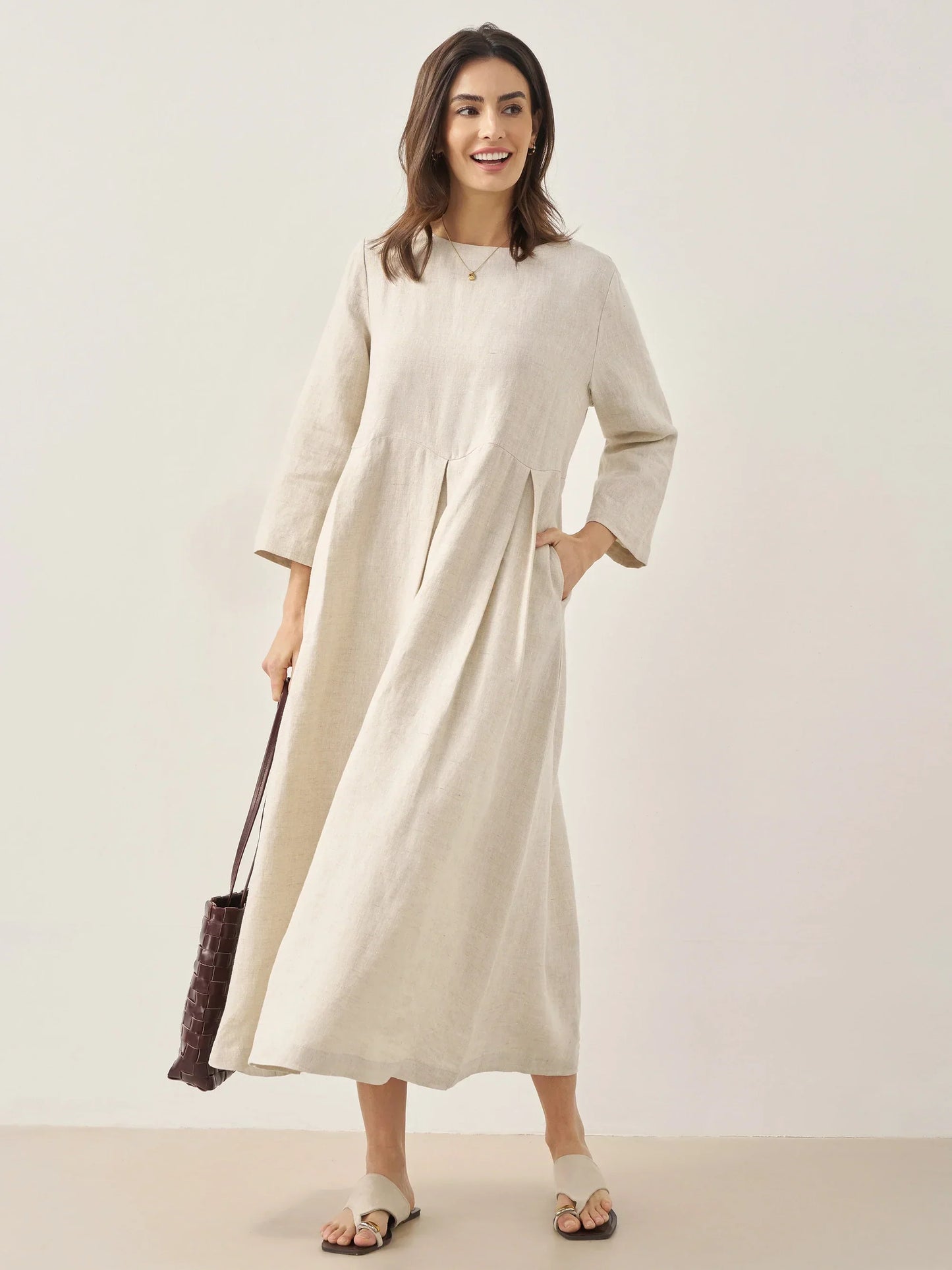 Robe longue plissée en lin à encolure bateau 100% ABIGAIL