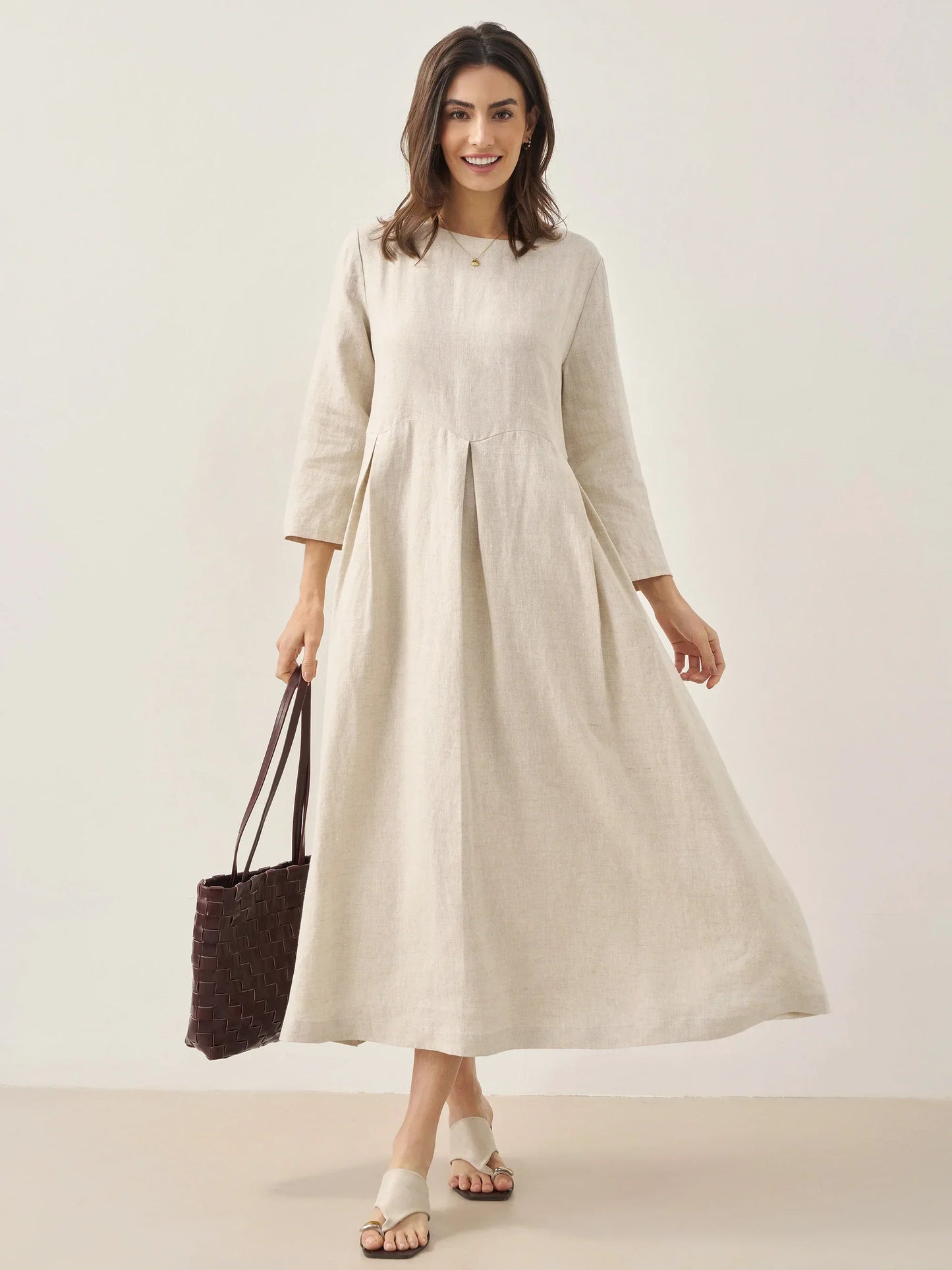 Robe longue plissée en lin à encolure bateau 100% ABIGAIL