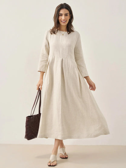 Robe longue plissée en lin à encolure bateau 100% ABIGAIL