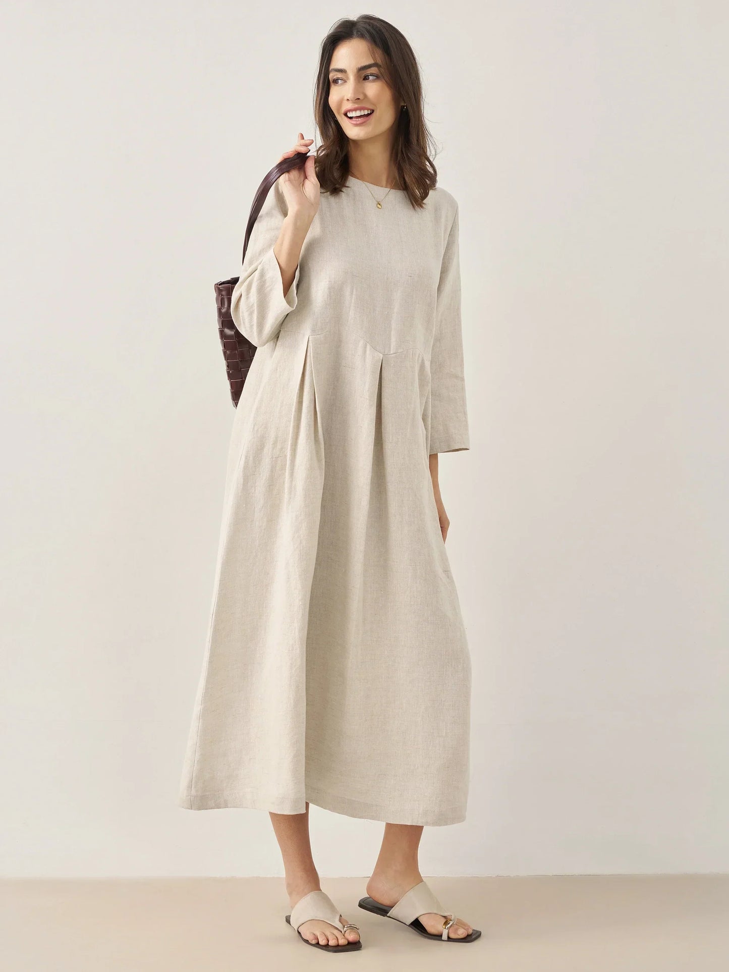 Robe longue plissée en lin à encolure bateau 100% ABIGAIL