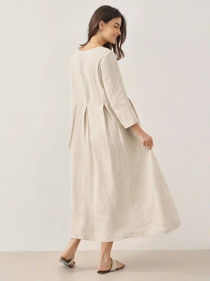Robe longue plissée en lin à encolure bateau 100% ABIGAIL