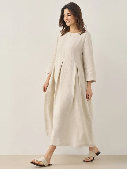 Robe longue plissée en lin à encolure bateau 100% ABIGAIL