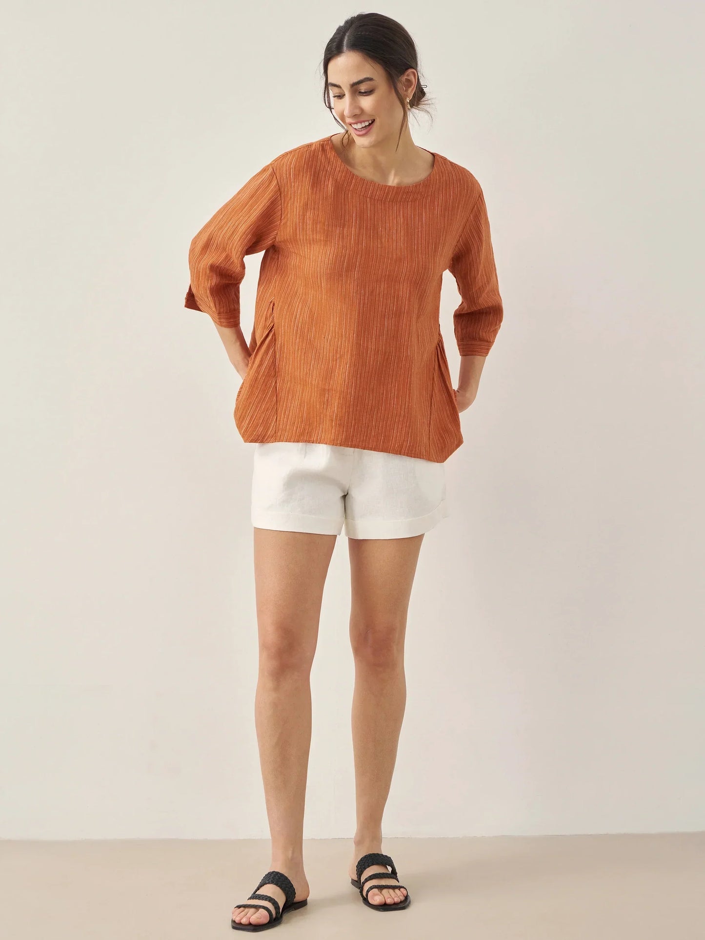 Haut en 100 % lin à col rond à rayures artistiques FLORENCE