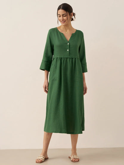 Robe longue ample 100% lin à taille boutonnée et froncée LUNA