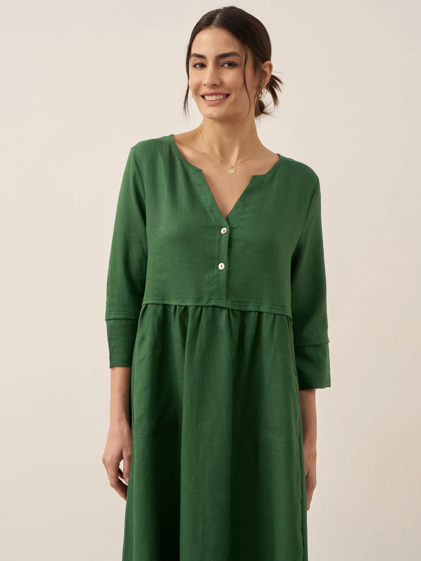 Robe longue ample 100% lin à taille boutonnée et froncée LUNA