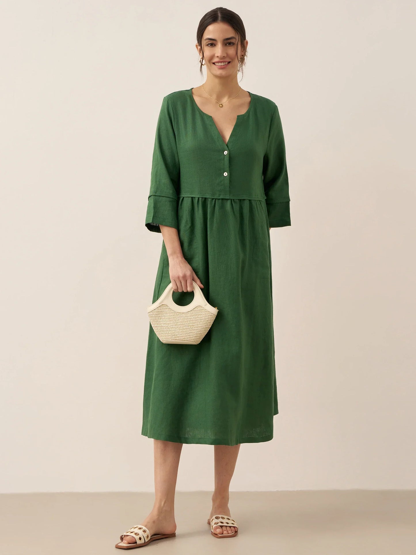 Robe longue ample 100% lin à taille boutonnée et froncée LUNA