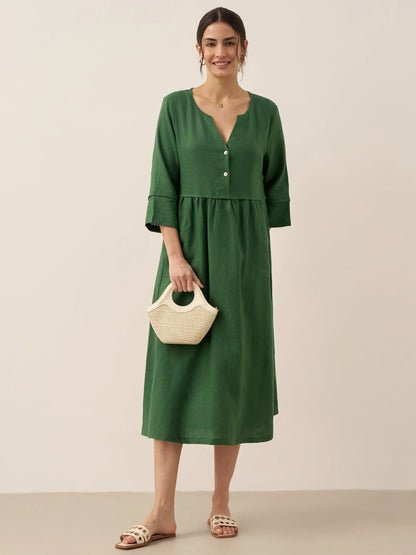 Robe longue ample 100% lin à taille boutonnée et froncée LUNA