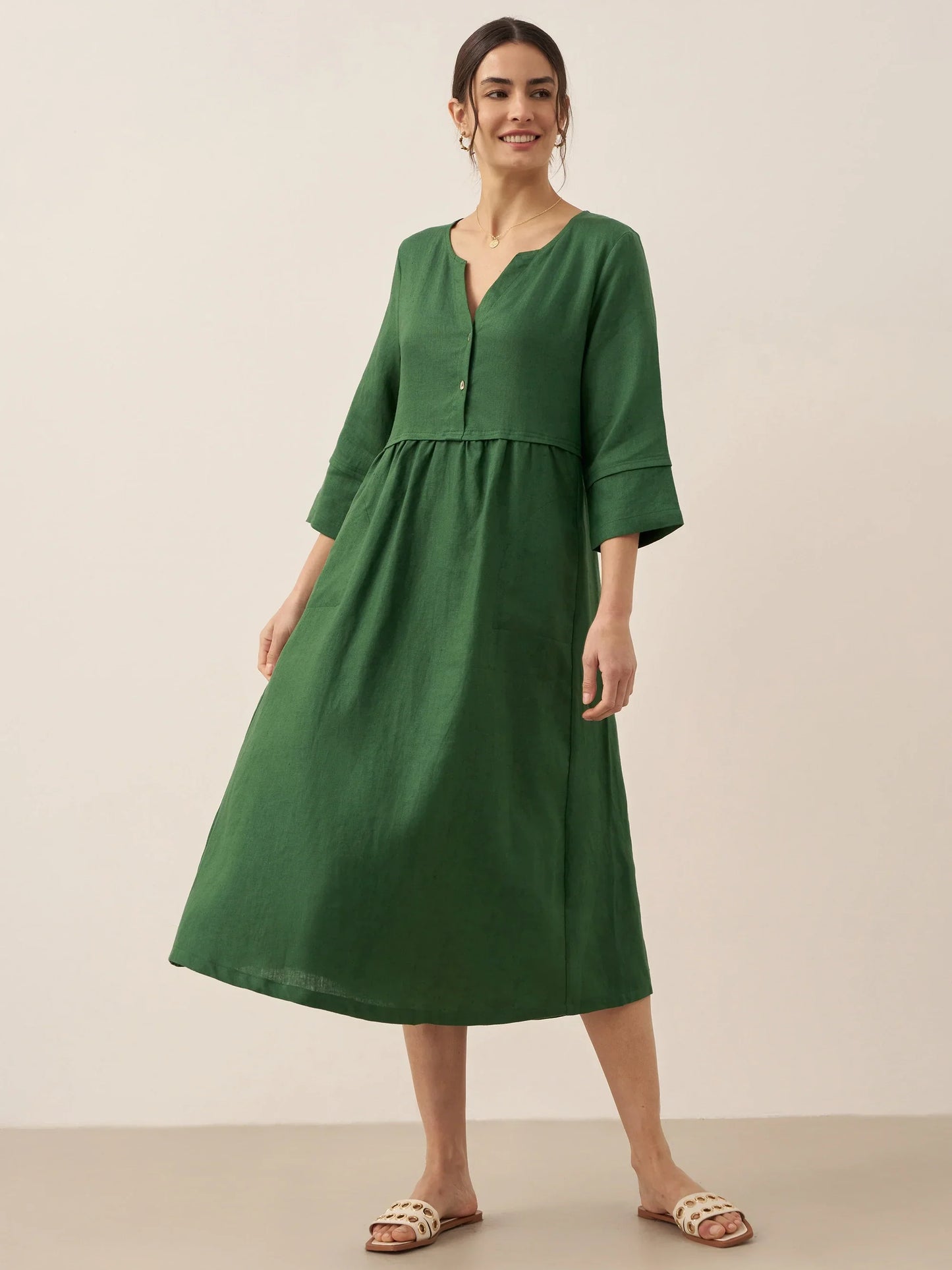 Robe longue ample 100% lin à taille boutonnée et froncée LUNA