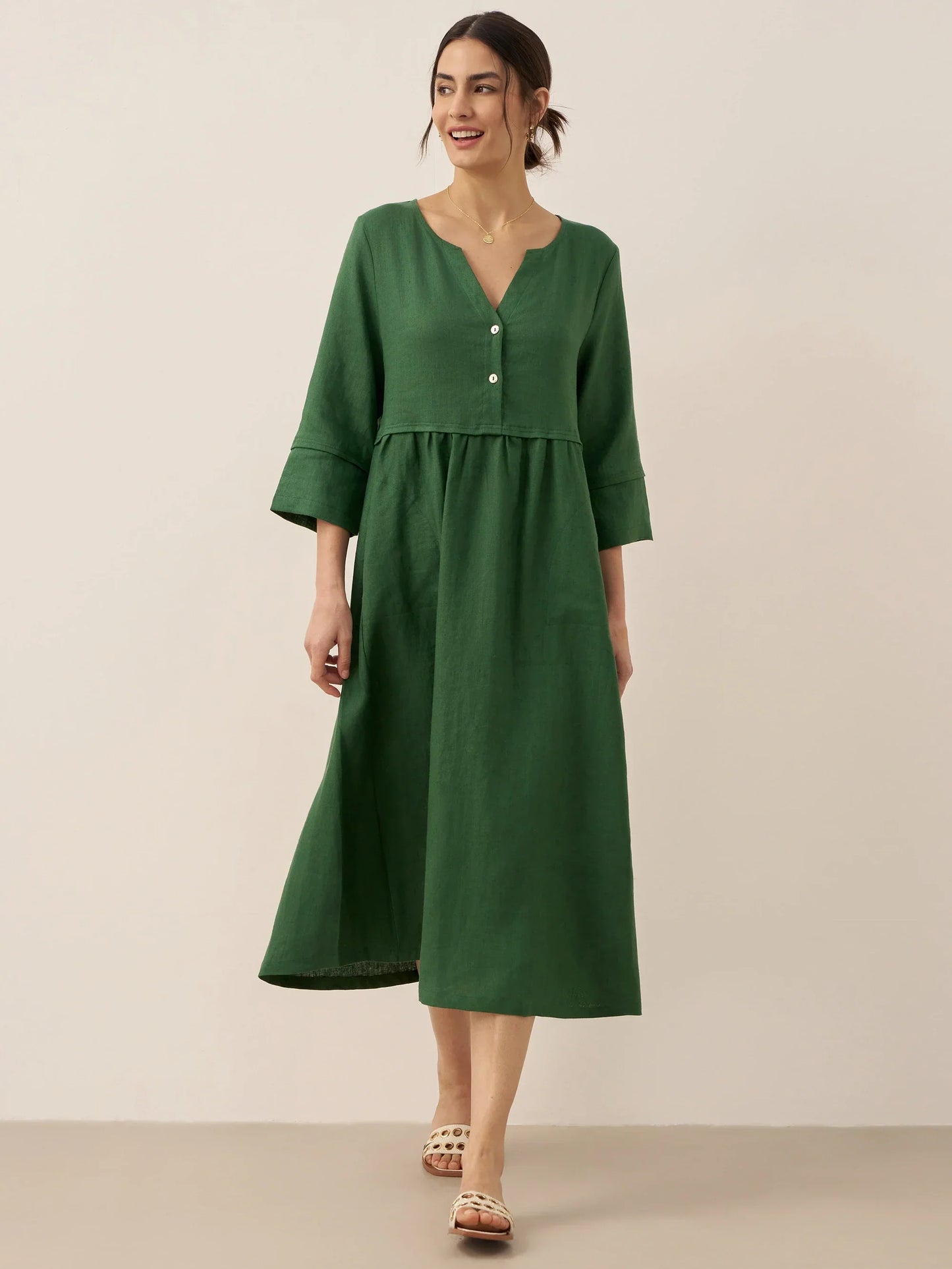 Robe longue ample 100% lin à taille boutonnée et froncée LUNA