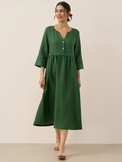 Robe longue ample 100% lin à taille boutonnée et froncée LUNA