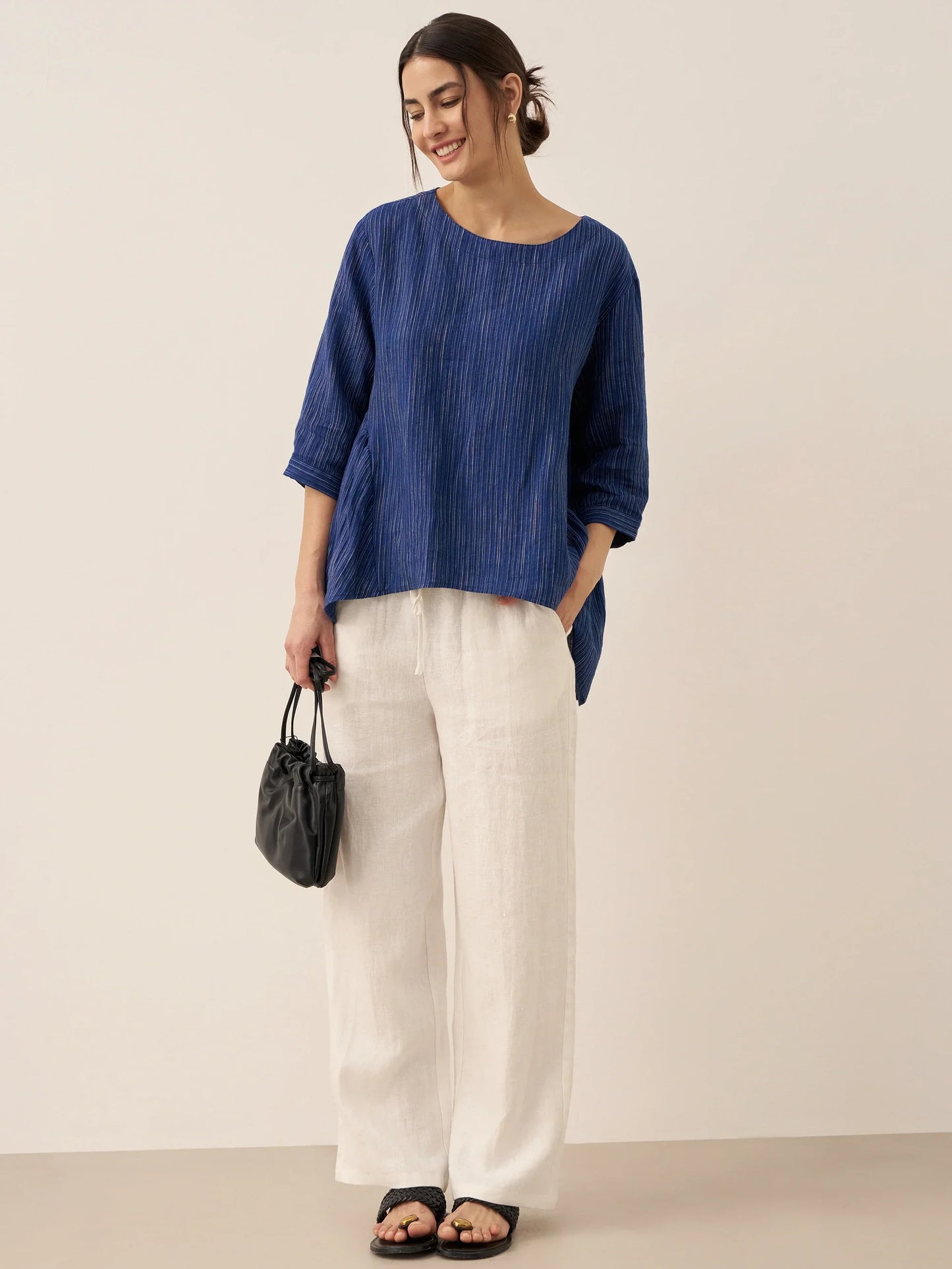 Haut en 100 % lin à col rond à rayures artistiques FLORENCE