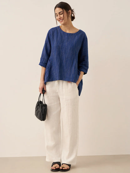 Haut en 100 % lin à col rond à rayures artistiques FLORENCE