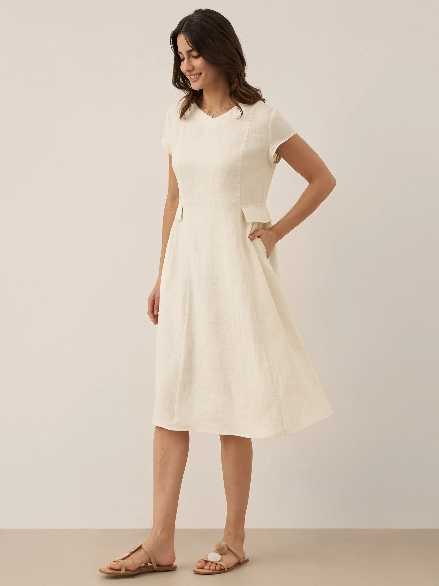 Robe d'été col V naturelle 100% lin ALEXA