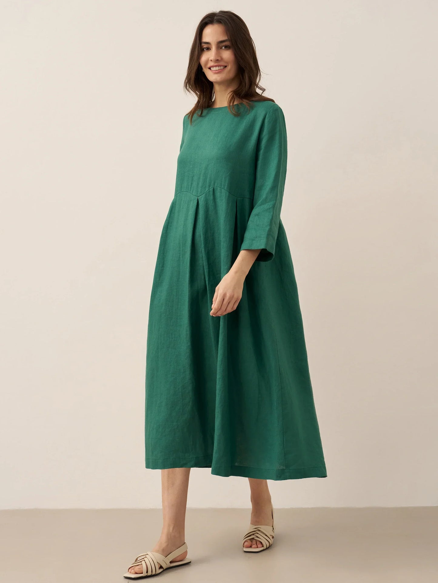 Robe longue plissée en lin à encolure bateau 100% ABIGAIL