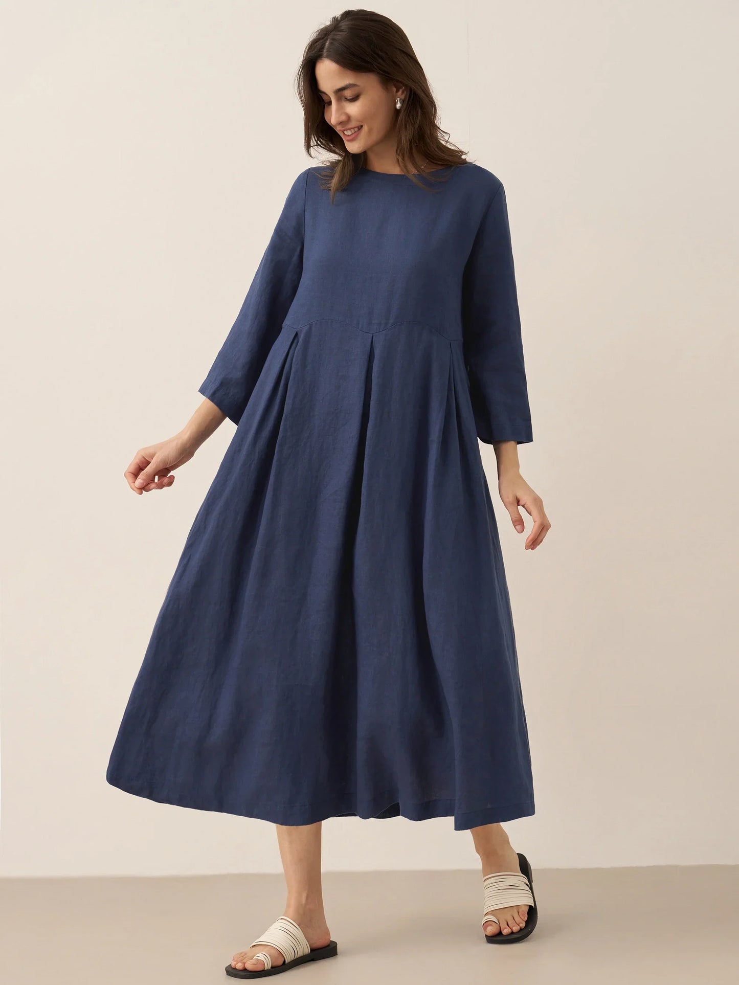 Robe longue plissée en lin à encolure bateau 100% ABIGAIL