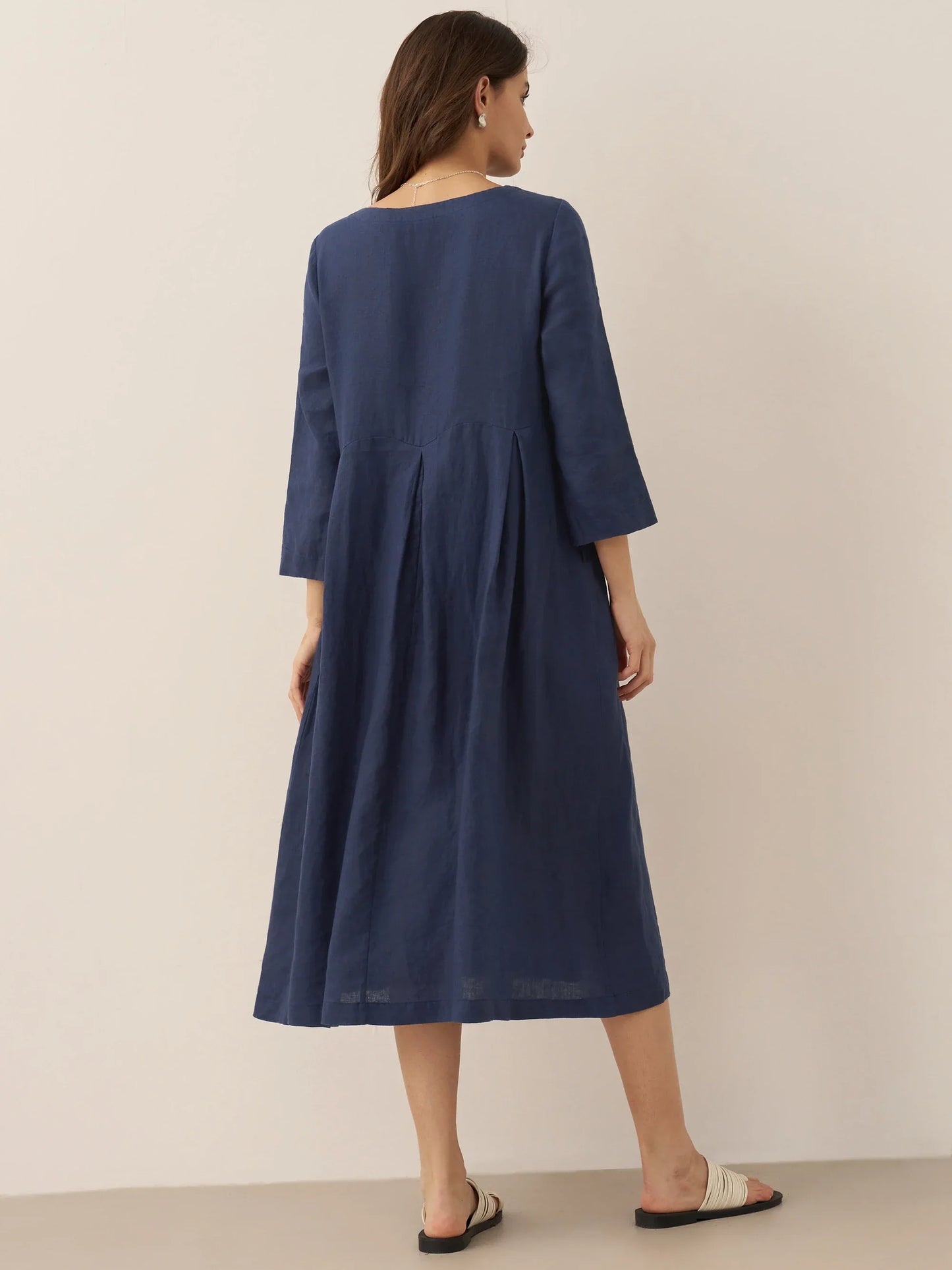 Robe longue plissée en lin à encolure bateau 100% ABIGAIL