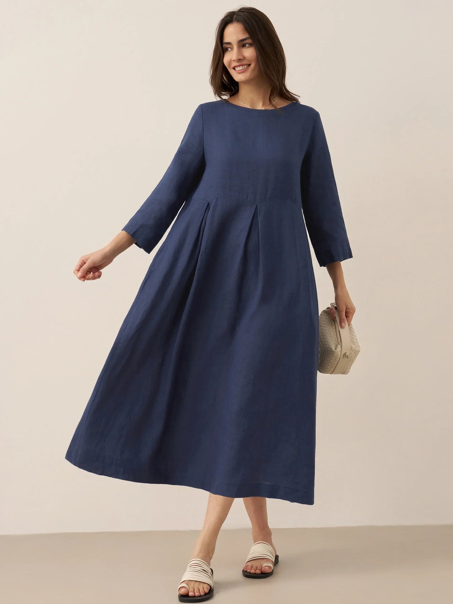 Robe longue plissée en lin à encolure bateau 100% ABIGAIL