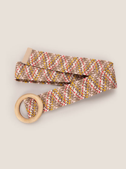 Ceinture large élastique tissée artisanale à boucle en bois