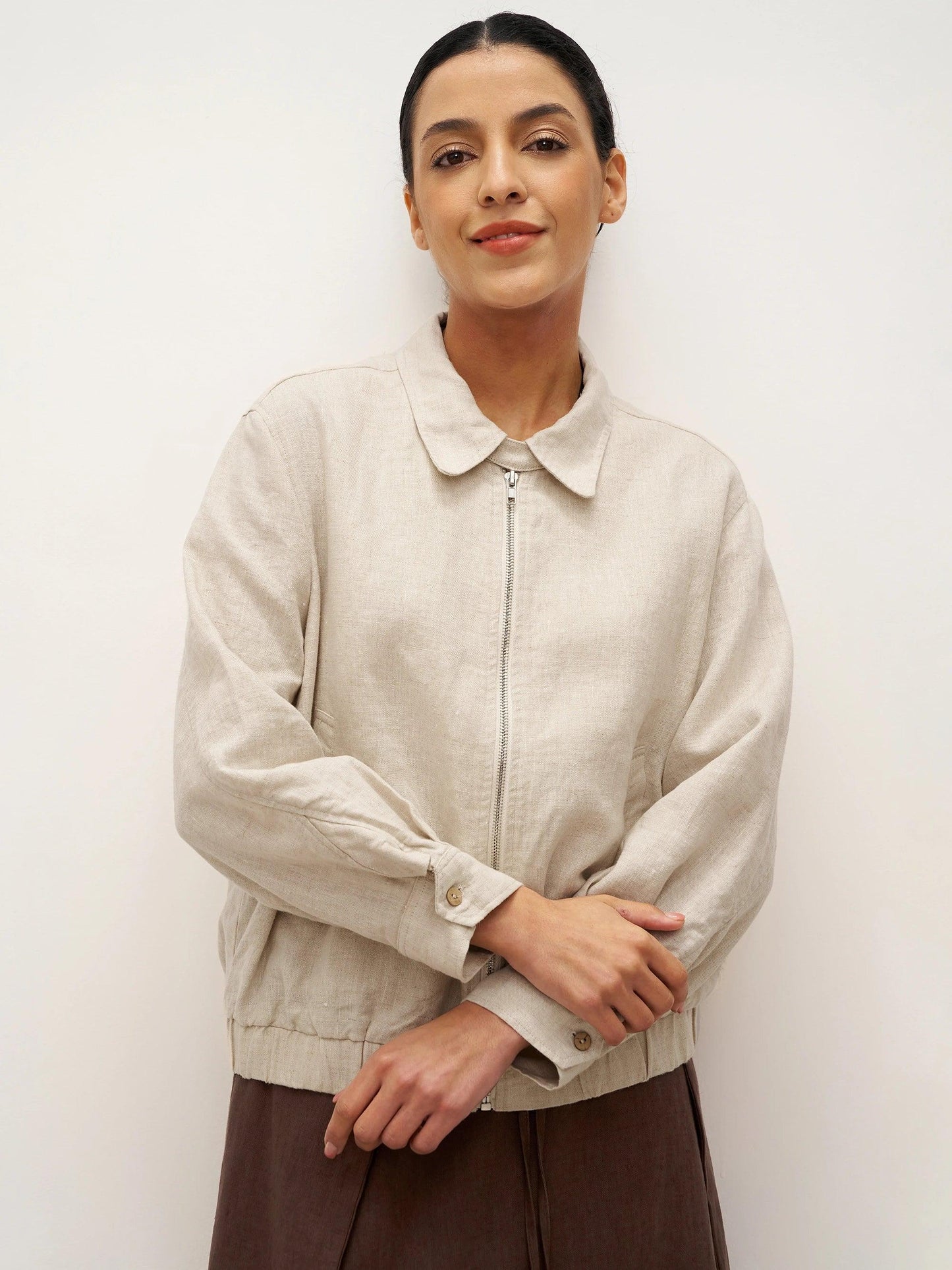 Veste Aviateur à Fermeture Éclair 100% Lin ELIZA