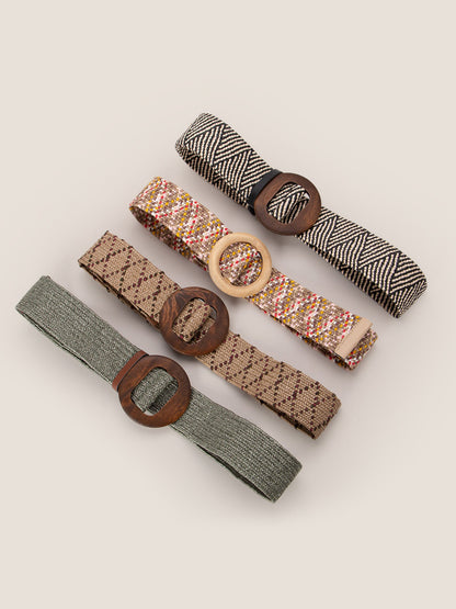 Ceinture large élastique tissée artisanale à boucle en bois