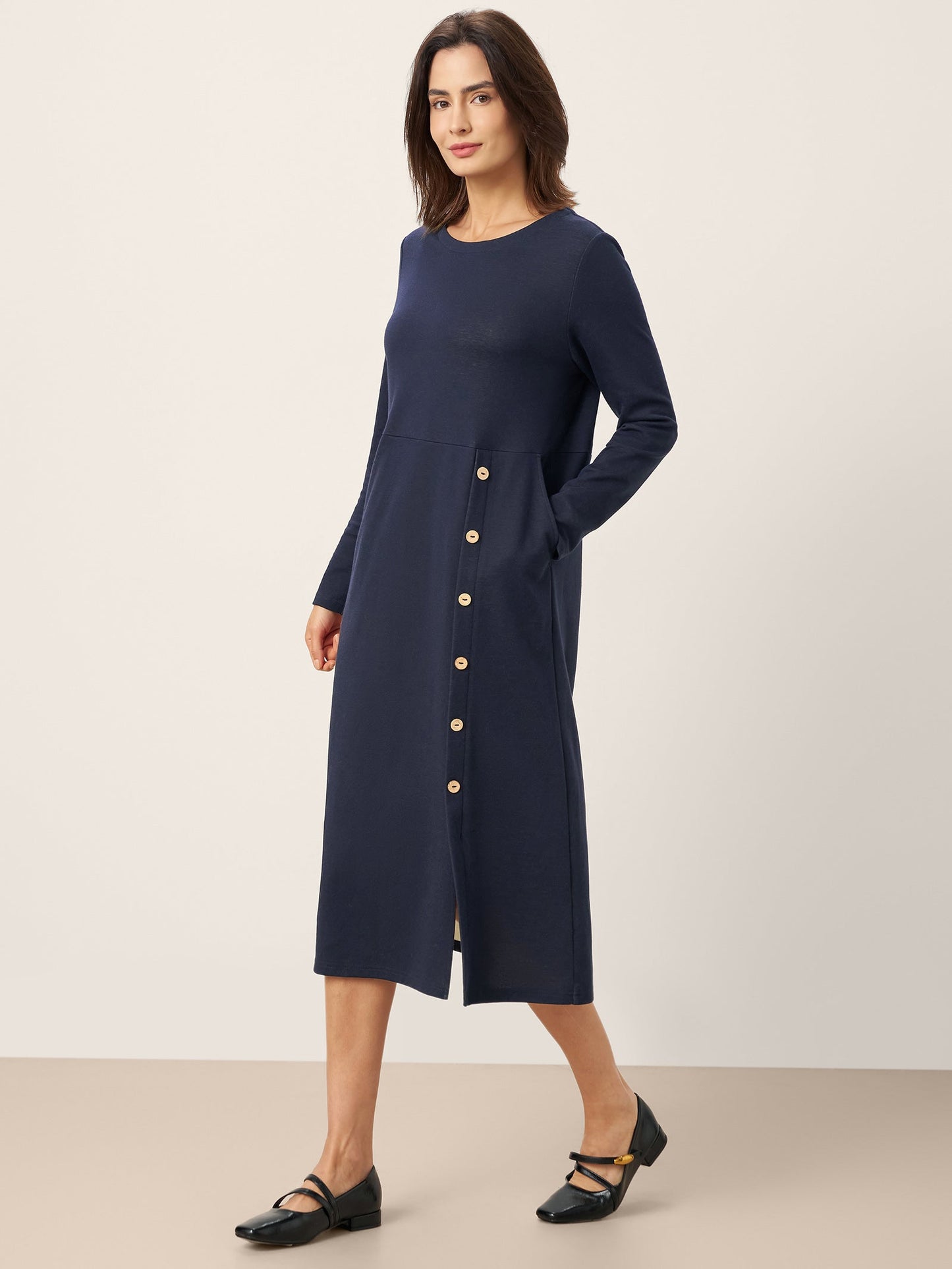 Robe mi-longue en coton à boutons contrastés ALMA