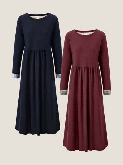 Robe longue décontractée à col rond et poignets patchwork en coton biologique SCARLETT