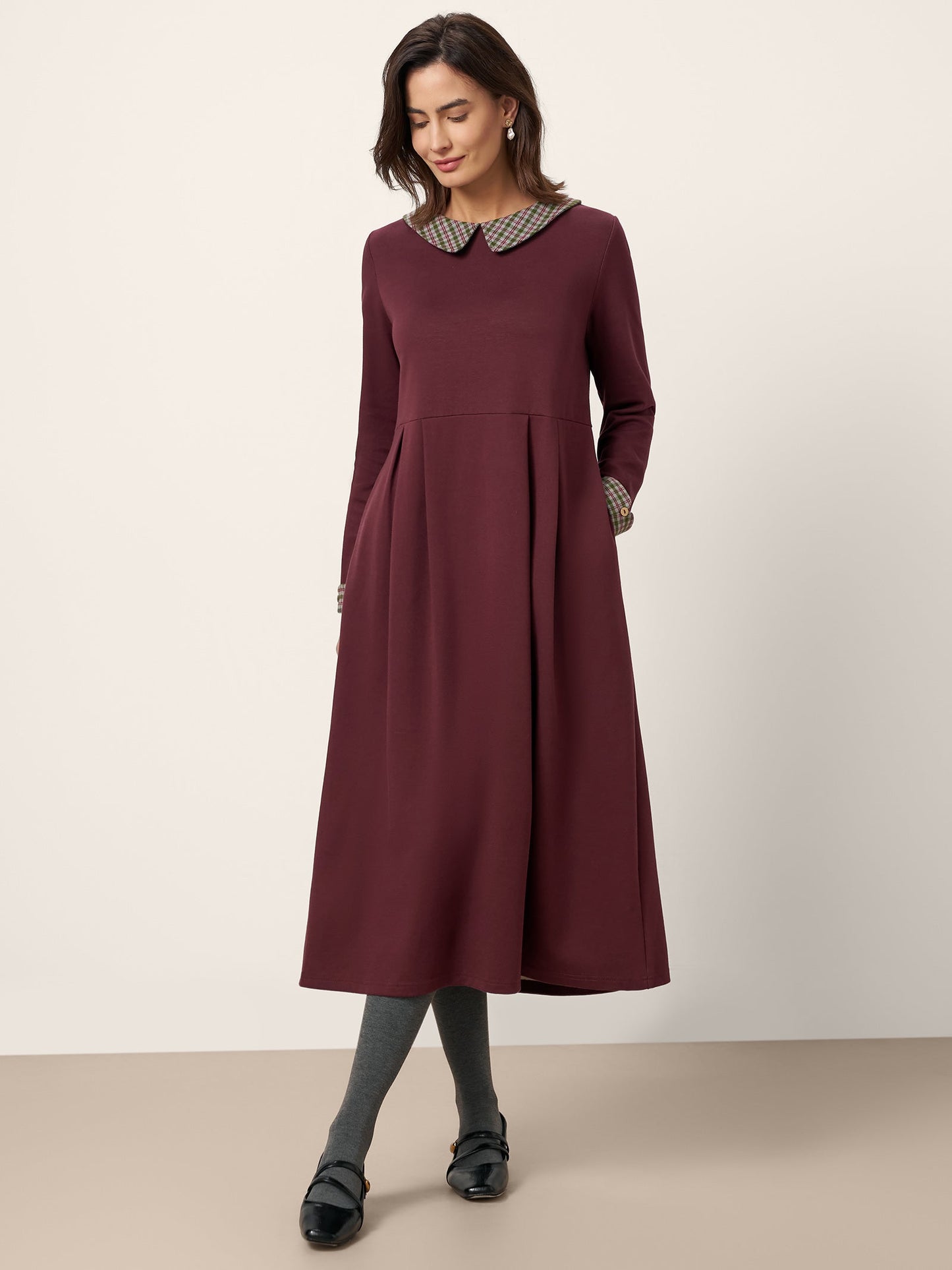 Robe mi-longue en coton à carreaux avec col Claudine CARLA