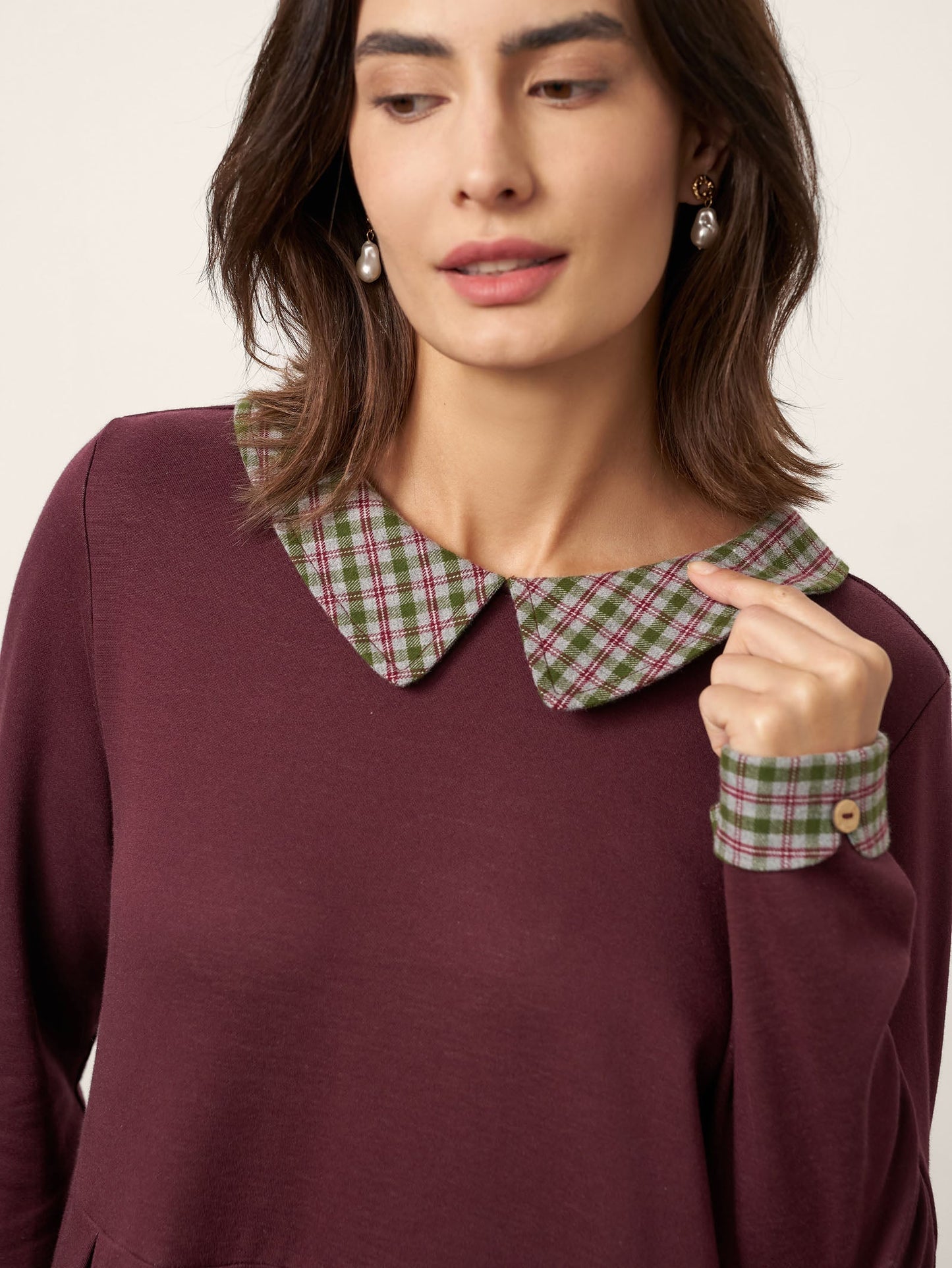 Robe mi-longue en coton à carreaux avec col Claudine CARLA