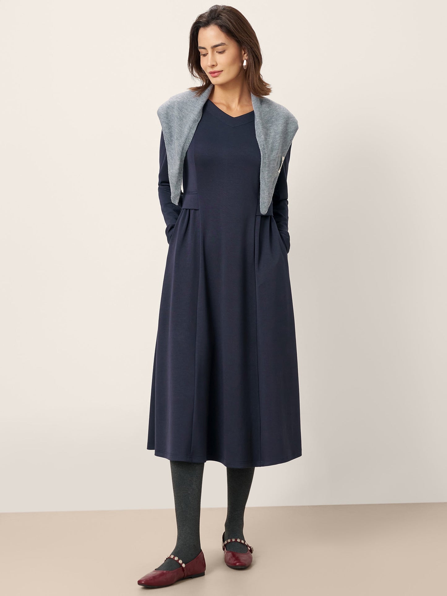 Robe mi-longue en coton à taille plissée BEATRICE