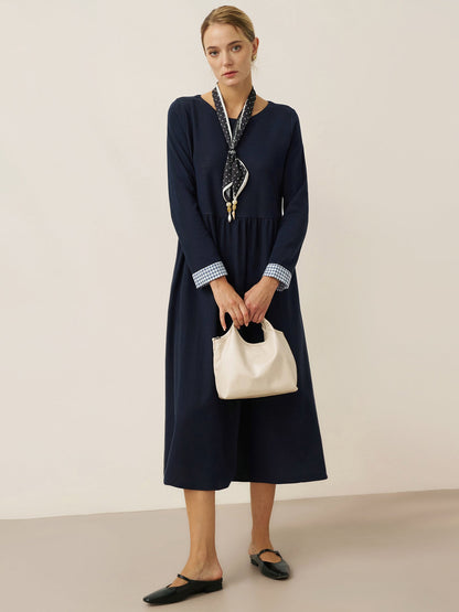 Robe longue décontractée à col rond et poignets patchwork en coton biologique SCARLETT