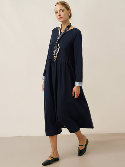 Robe longue décontractée à col rond et poignets patchwork en coton biologique SCARLETT