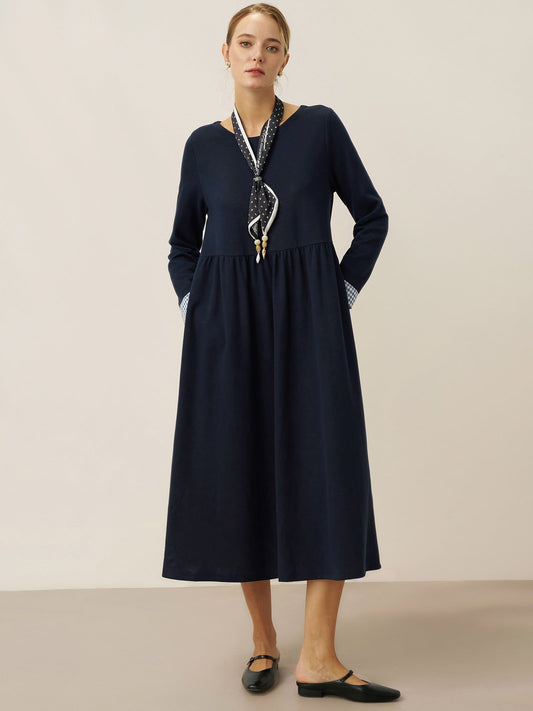 Robe longue décontractée à col rond et poignets patchwork en coton biologique SCARLETT