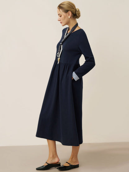 Robe longue décontractée à col rond et poignets patchwork en coton biologique SCARLETT