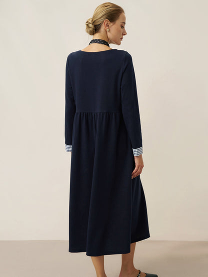 Robe longue décontractée à col rond et poignets patchwork en coton biologique SCARLETT