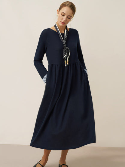 Robe longue décontractée à col rond et poignets patchwork en coton biologique SCARLETT