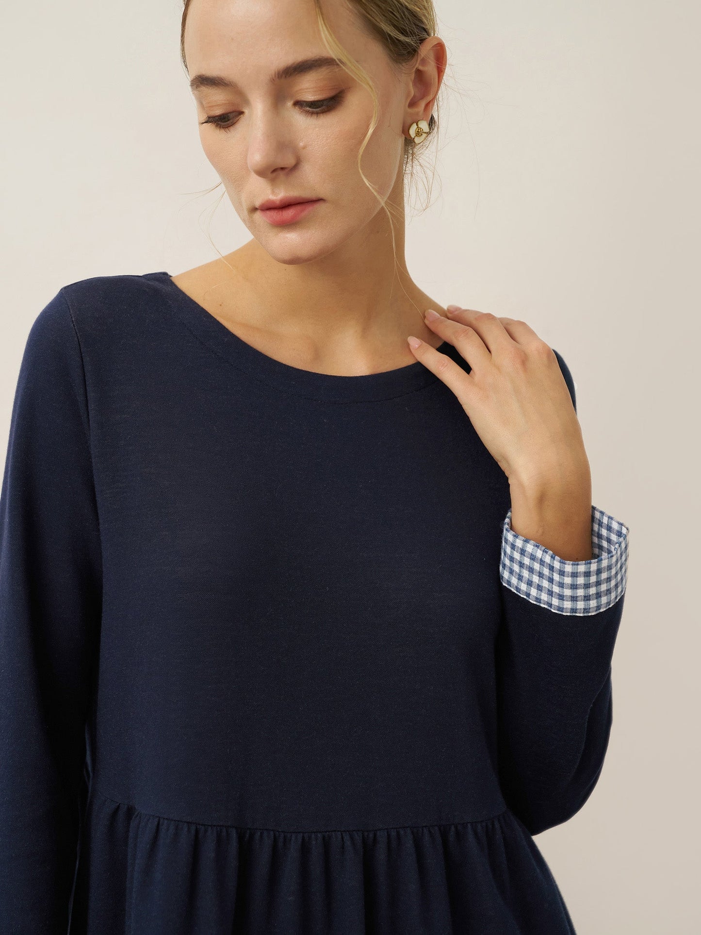 Robe longue décontractée à col rond et poignets patchwork en coton biologique SCARLETT