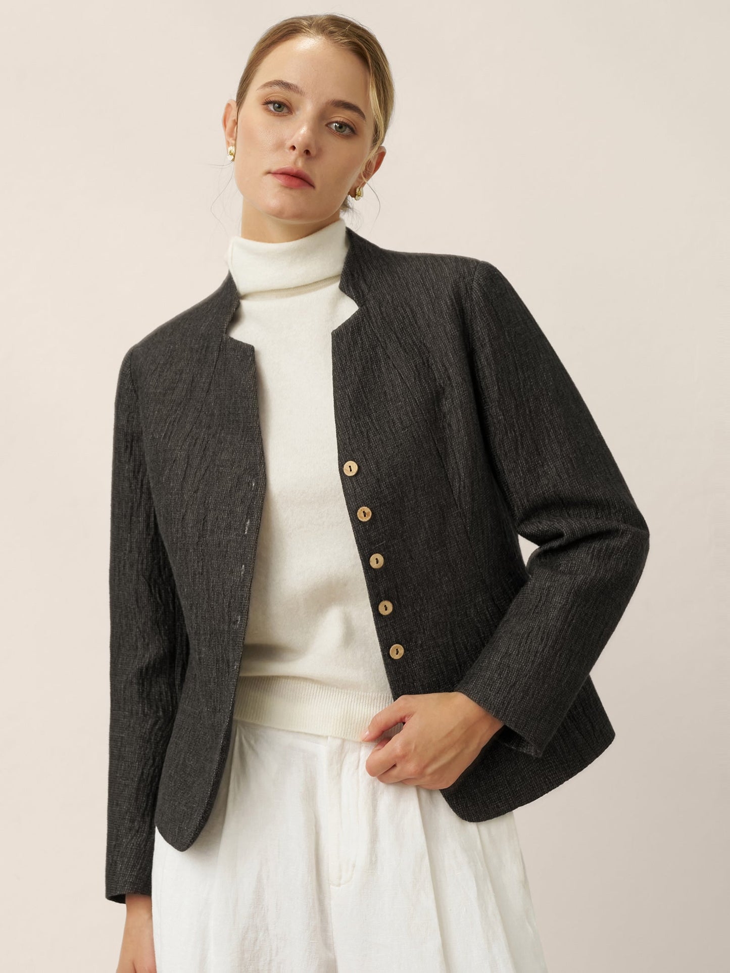 Veste Chemise Boutonnée à Col Mao en Lin KIMBERLY