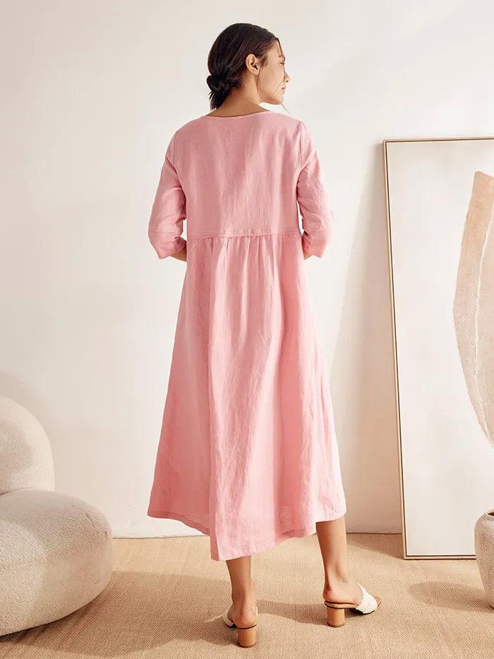 Robe longue ample 100% lin à taille boutonnée et froncée LUNA