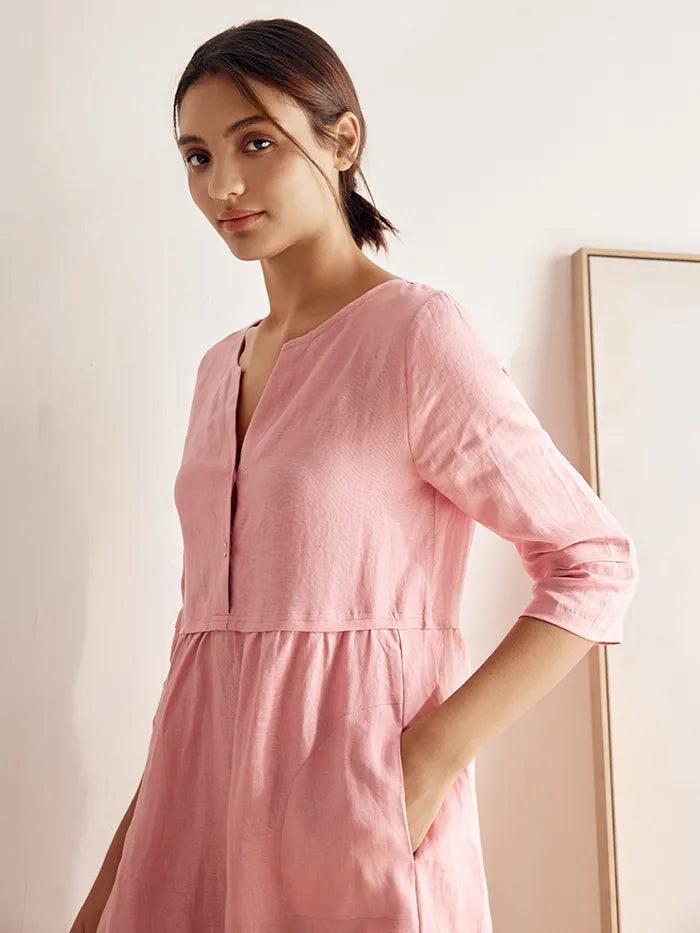 Robe longue ample 100% lin à taille boutonnée et froncée LUNA