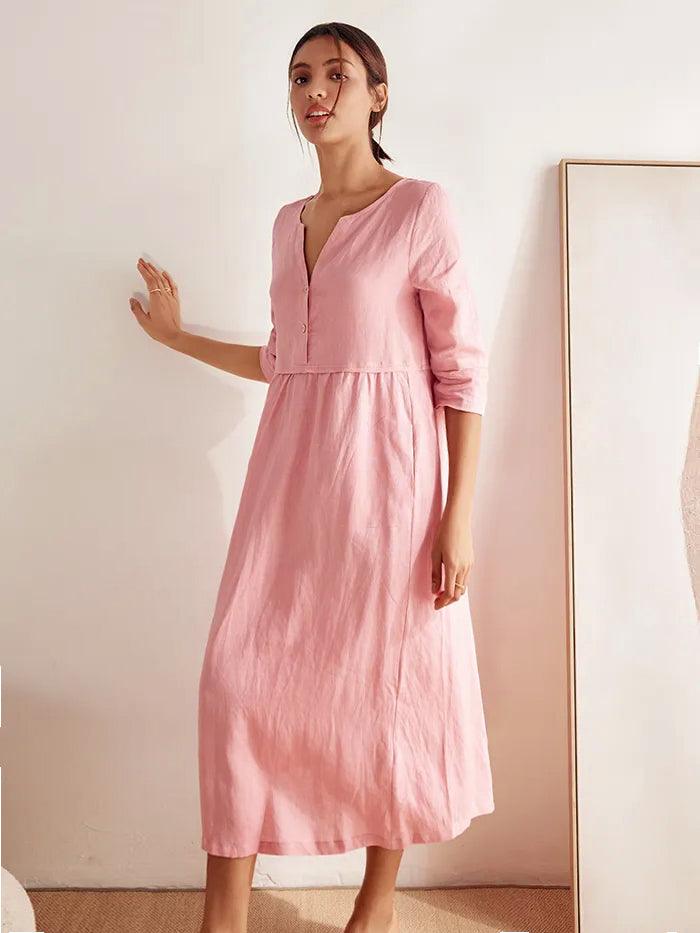 Robe longue ample 100% lin à taille boutonnée et froncée LUNA