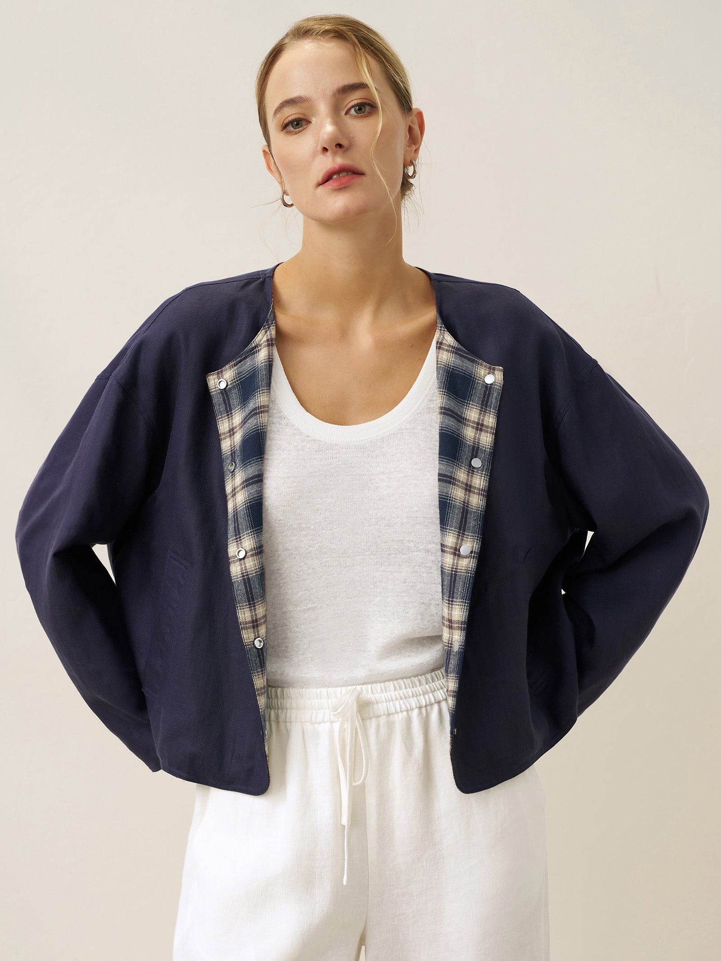 Veste décontractée réversible à col rond en Tencel et Lin CHLOE