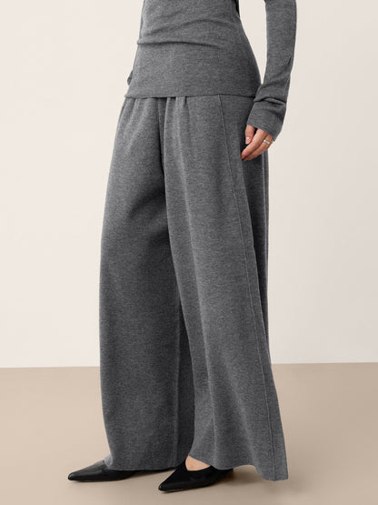 Pantalon Coupe Droite Décontractée à Taille Élastique en Laine Mérinos YVETTE