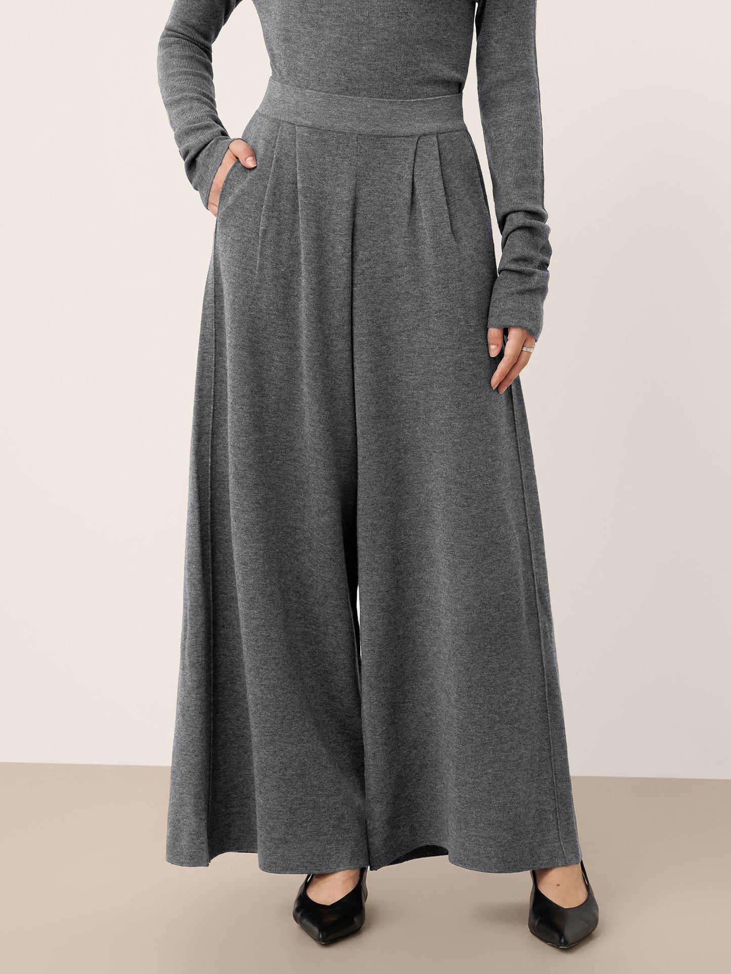 Pantalon Coupe Droite Décontractée à Taille Élastique en Laine Mérinos YVETTE