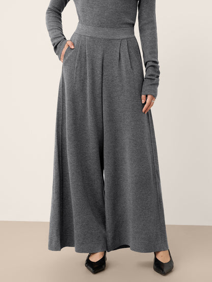 Pantalon Coupe Droite Décontractée à Taille Élastique en Laine Mérinos YVETTE