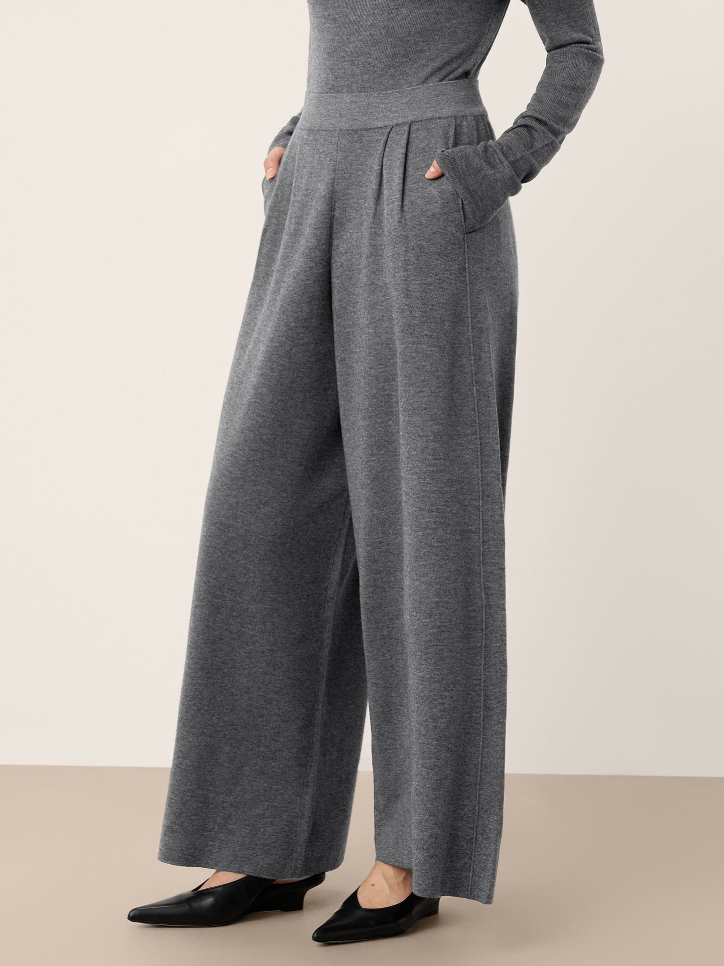 Pantalon Coupe Droite Décontractée à Taille Élastique en Laine Mérinos YVETTE