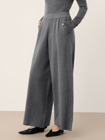 Pantalon Coupe Droite Décontractée à Taille Élastique en Laine Mérinos YVETTE