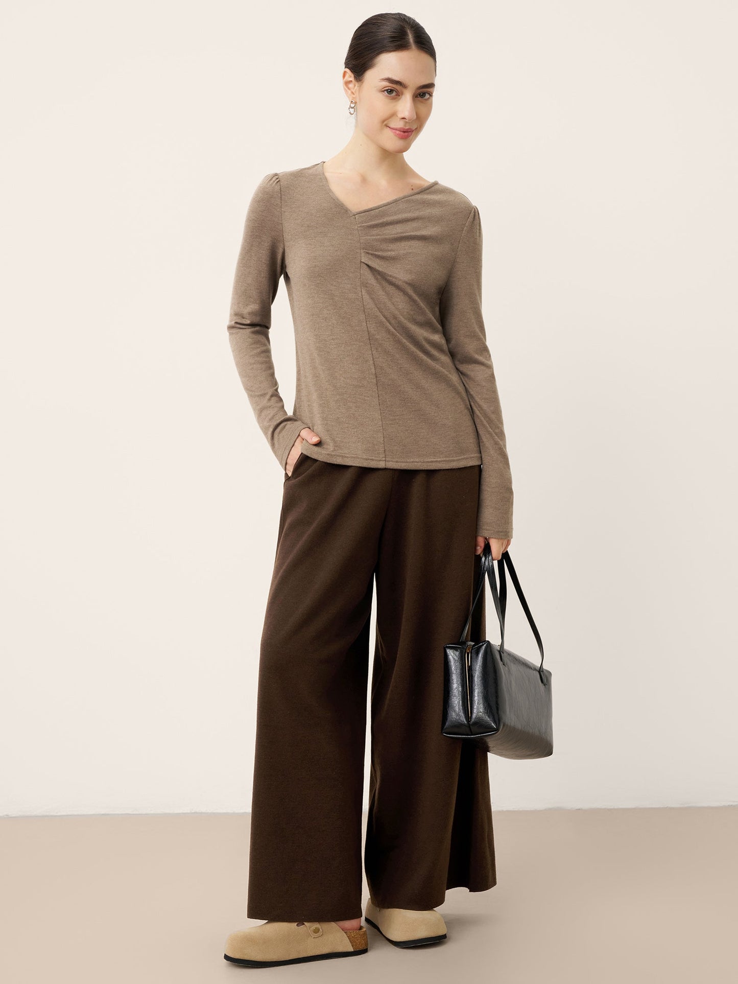 Pantalon Coupe Droite Décontractée à Taille Élastique en Laine Mérinos YVETTE